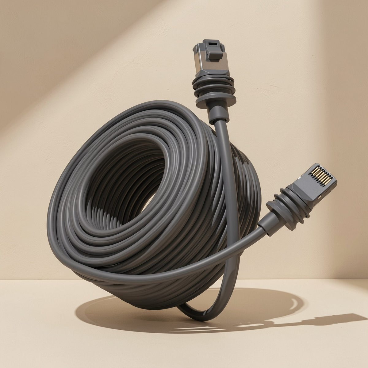 Databraid – Dark gray cable coiled in a wide loop with an RJ-45 plug at each end, on a cream surface in soft light