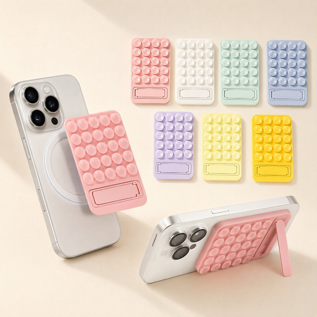 Suctionnest Silicone Suction Cup Phone Holder in pink on a phone, beside seven other colours