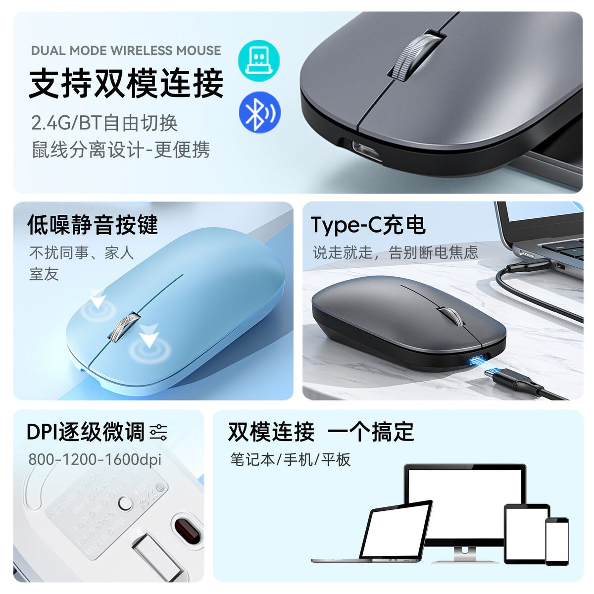 Clickquiet – Slim wireless mouse in gray and blue with icons for dual-mode connection, silent buttons and Type-C charging