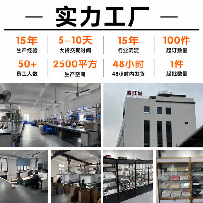 Clickquiet – Factory photos showing a production line, office desks, product shelves and a building with the company sign
