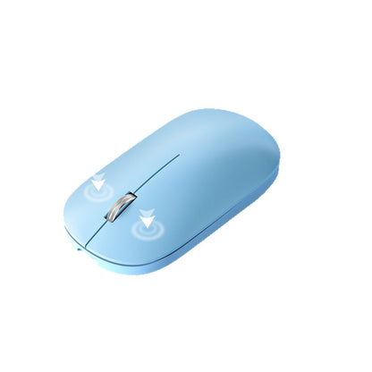 Clickquiet – Light blue wireless mouse seen from above at an angle, with arrows pointing to the left and right buttons