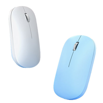 Clickquiet – White and light blue wireless mice side by side, angled to show the scroll wheel and the slim top
