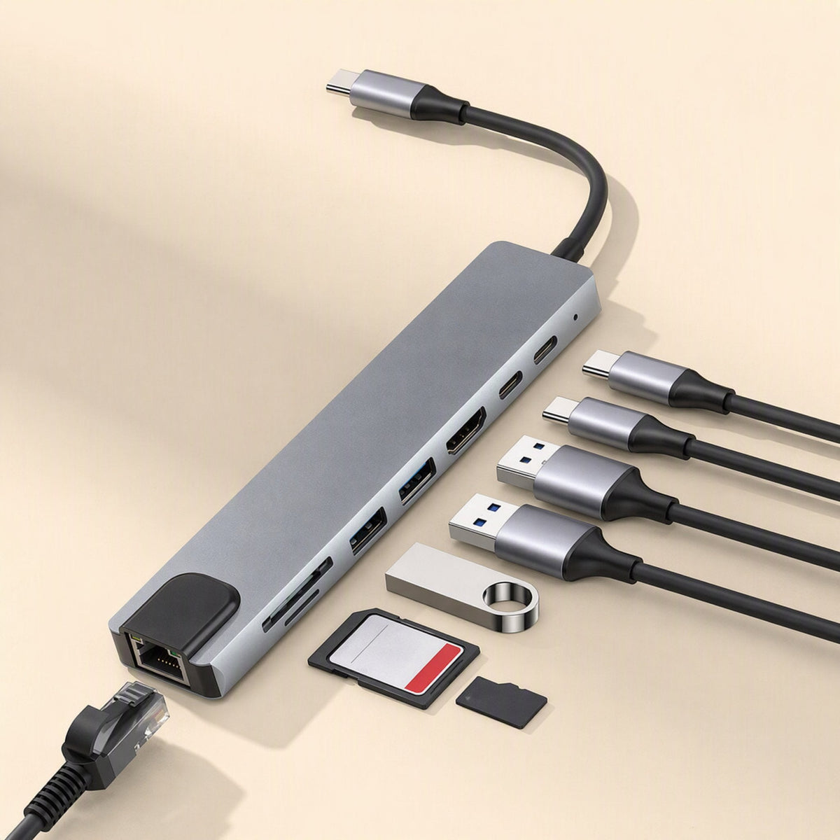 Portspan 8-in-1 Type-C Docking Station with Ethernet cable, SD cards, USB drive and cables arranged around it