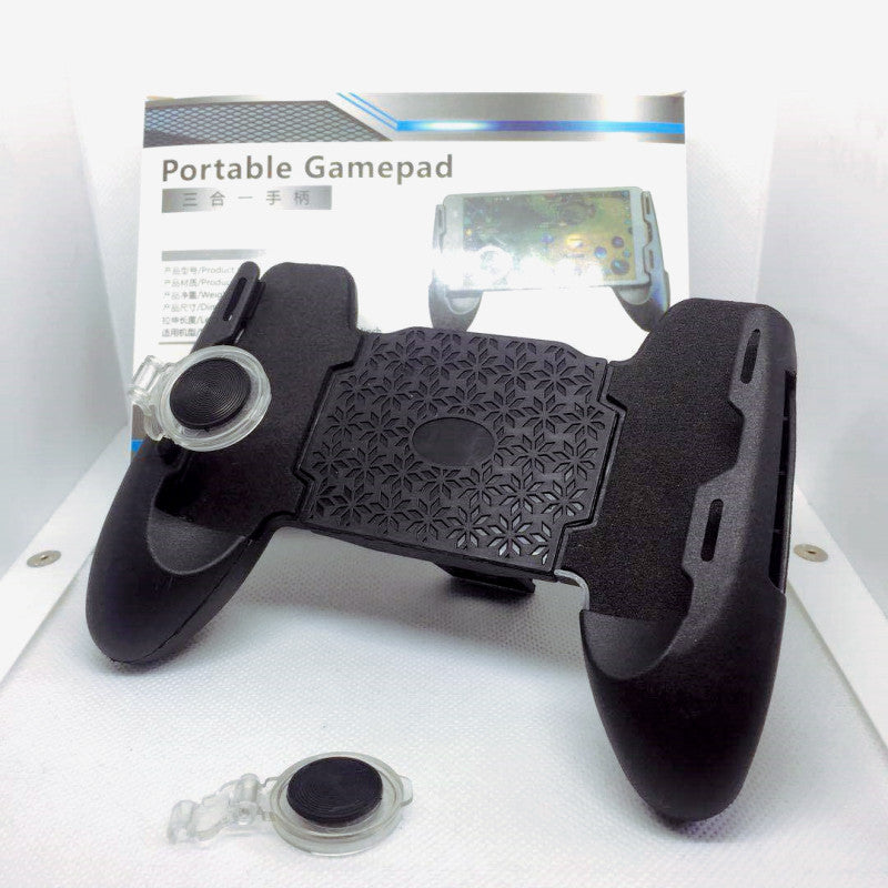 Gripdeck mobile game controller grip in black beside its boxed packaging, with a clear joystick clip below