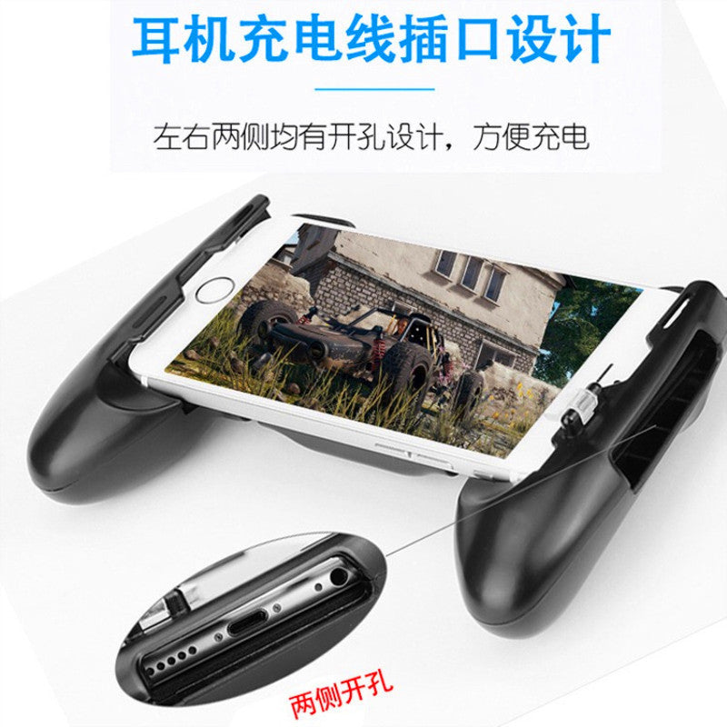 Gripdeck – Phone clamped in the black grip, with a close-up showing side openings for the charging port and headphone jack