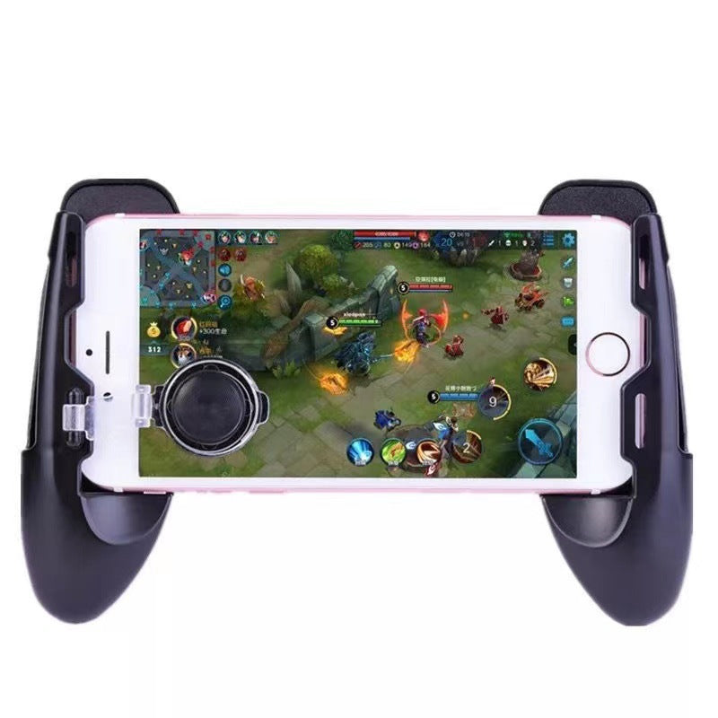 Gripdeck – Smartphone held in landscape in the black grip, with a clear joystick clip on the screen during a mobile game