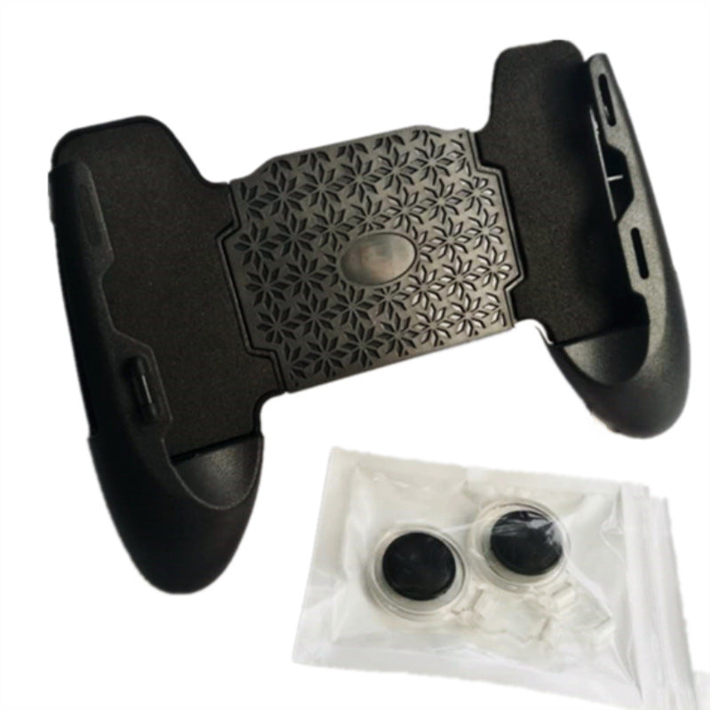 Gripdeck – Black grip with textured star-pattern stand panel, next to a bagged pair of clear joystick clips