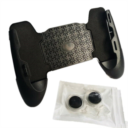 Gripdeck – Black grip with textured star-pattern stand panel, next to a bagged pair of clear joystick clips
