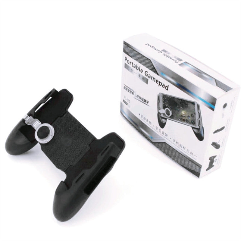Gripdeck – Black grip at an angle with a clear joystick clip attached, shown beside its white Portable Gamepad box