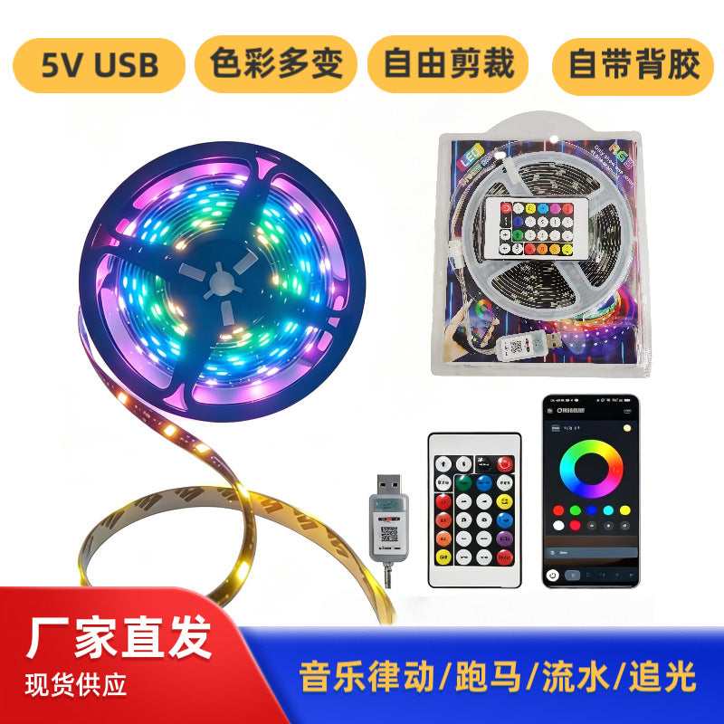 Glowloop RGB LED Light Strip for TV coiled on a reel with remote, phone app and boxed set on white