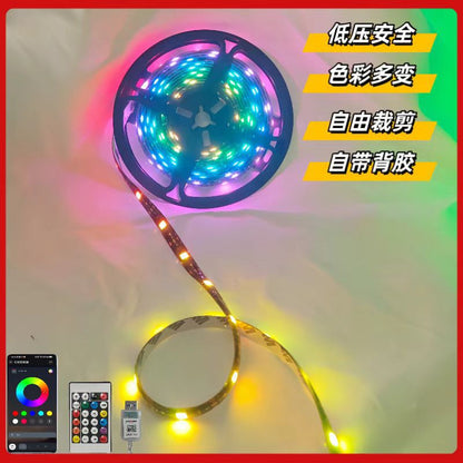 Glowloop – Reel of multicolour LED strip unrolled across a cream surface beside a phone app screen and remote
