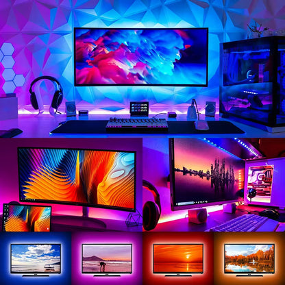 Glowloop – LED strips glowing purple and blue behind monitors on a gaming desk, with four TVs lit in different colours