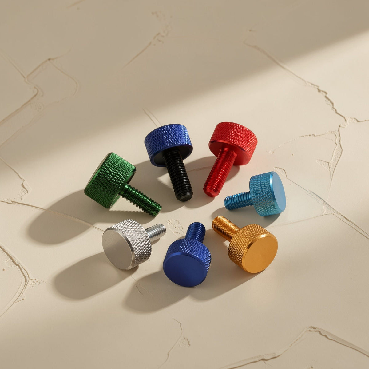 Caseclasp aluminum alloy computer case screws in green, black, red, light blue, silver, blue and gold on cream