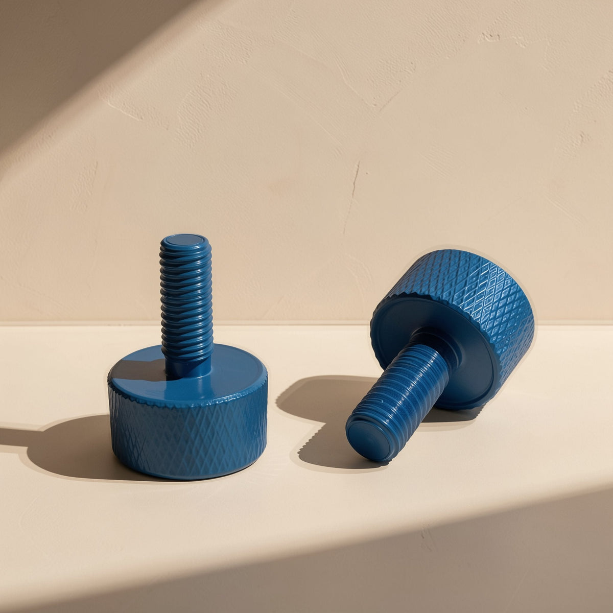 Caseclasp – Pair of blue knurled hand-tightening screws, one upright showing threads, one lying on its side