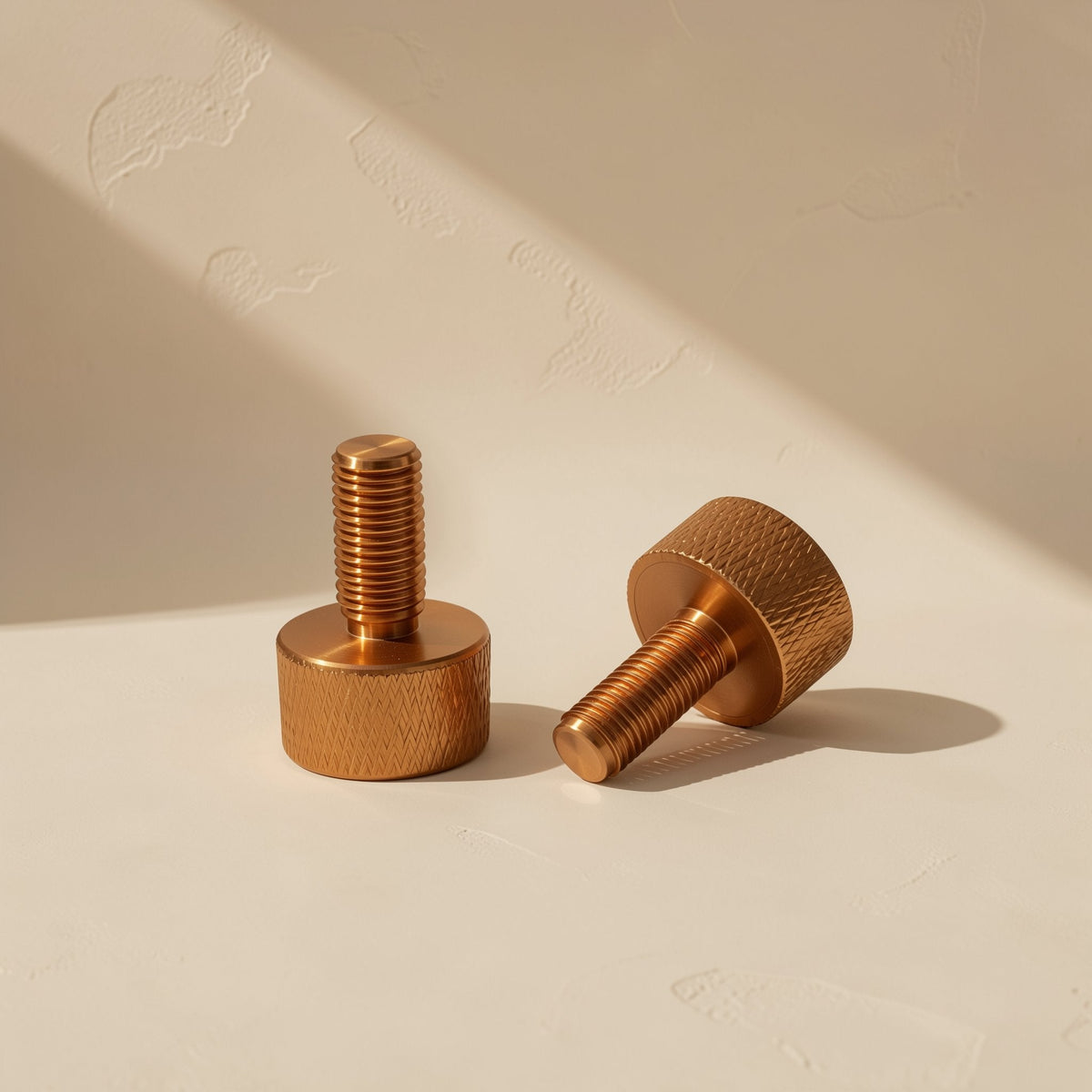 Caseclasp – Pair of copper-gold knurled thumb screws, one standing and one tipped over, in soft side light