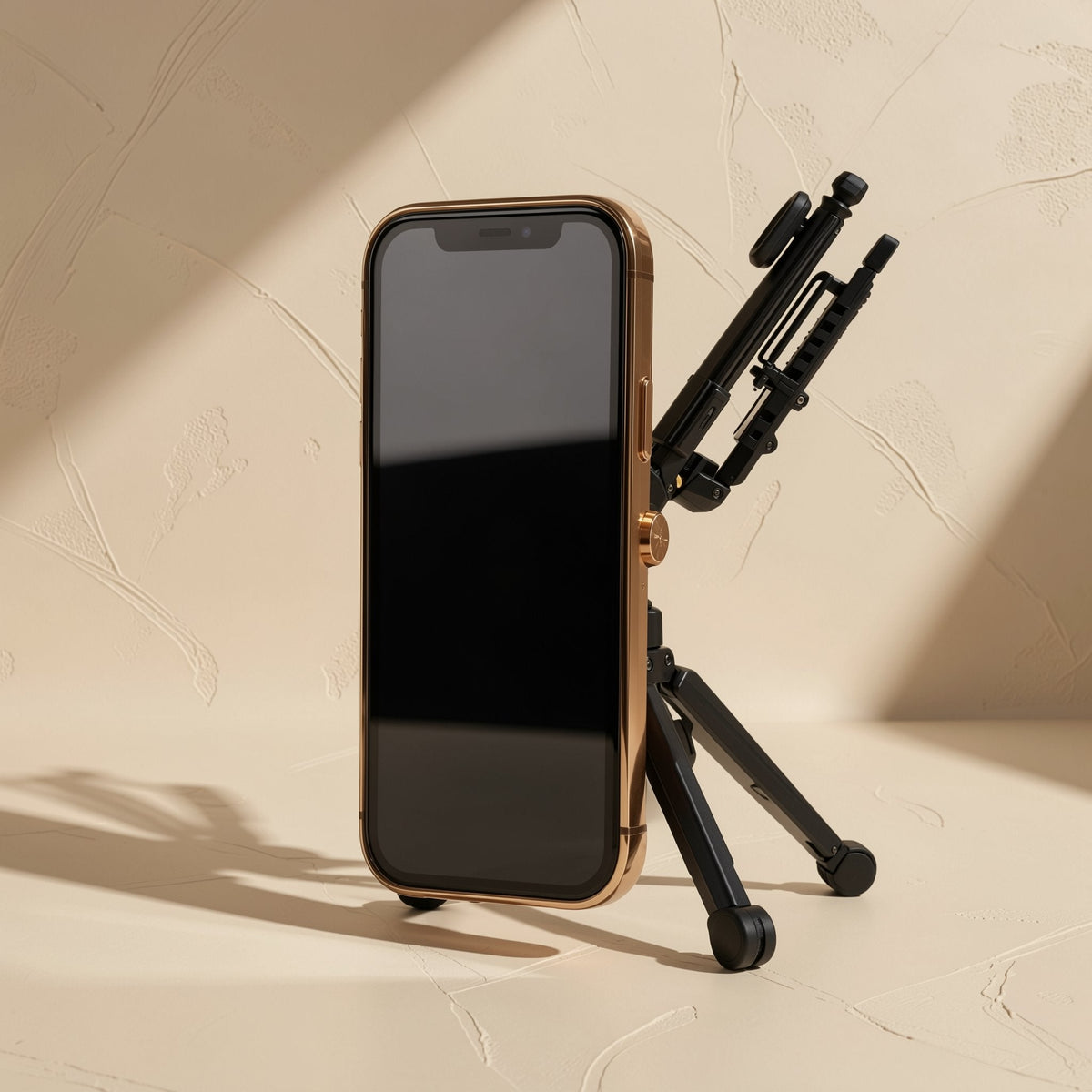 Alufold – Black folding tripod-style stand propping a gold-edged smartphone upright against a textured beige wall