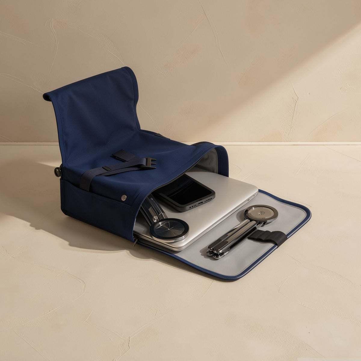 Alufold – Navy canvas bag open to show a laptop, phone and two folded silver stands tucked inside
