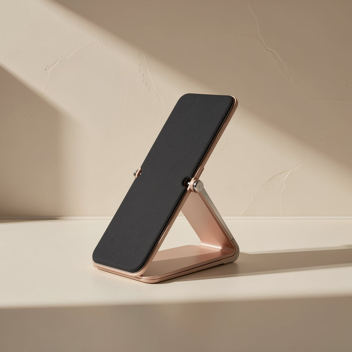 Alufold – Rose-gold folding stand with a black padded rest, set at a reclined angle in soft side light