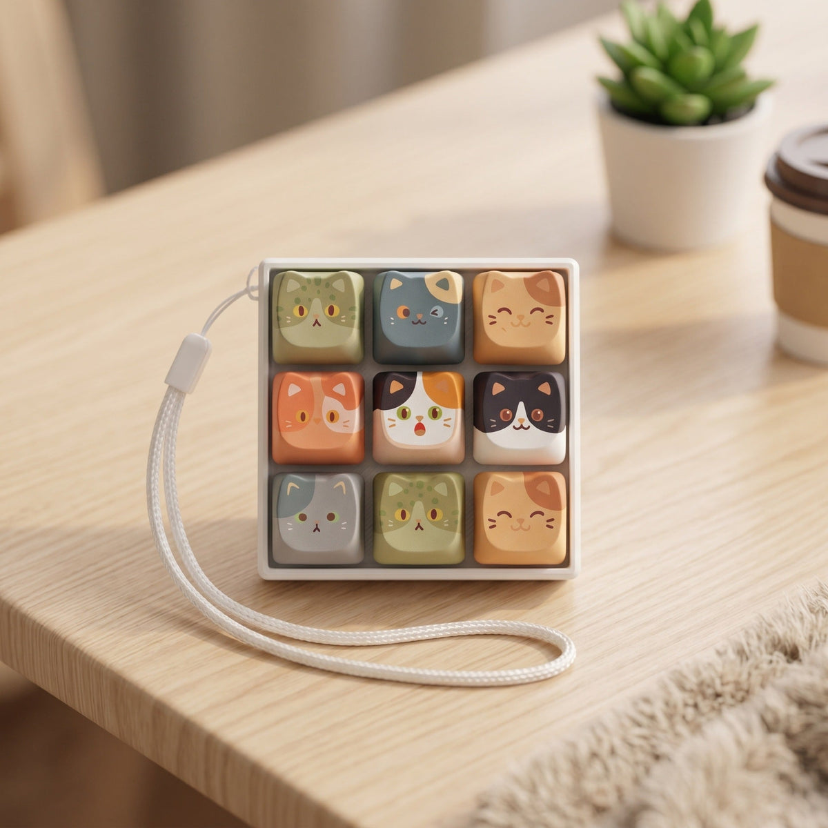 Furrkey Cat Keycap Keychain with nine pastel cat keycaps in a white frame and white lanyard on a wooden desk