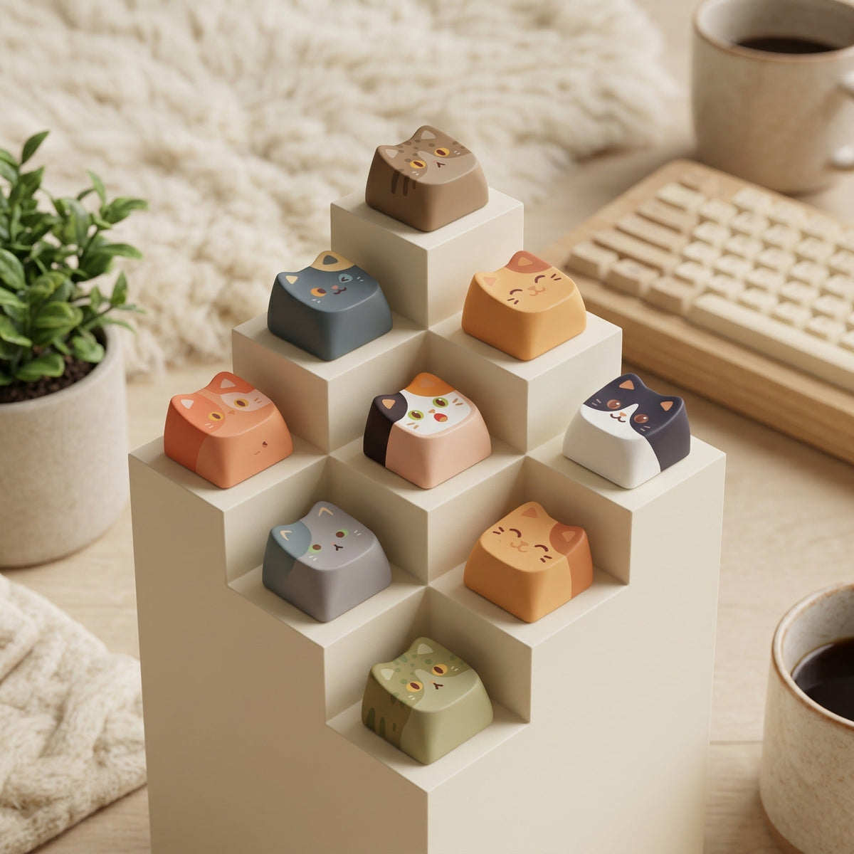 Furrkey – Nine cat keycaps in muted colours arranged on a cream stepped display stand beside a plant and keyboard