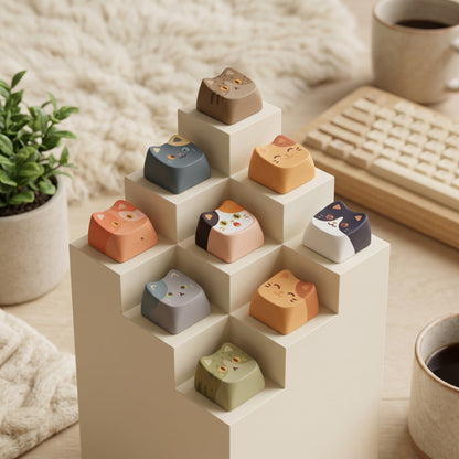 Furrkey – Nine cat keycaps in muted colours arranged on a cream stepped display stand beside a plant and keyboard