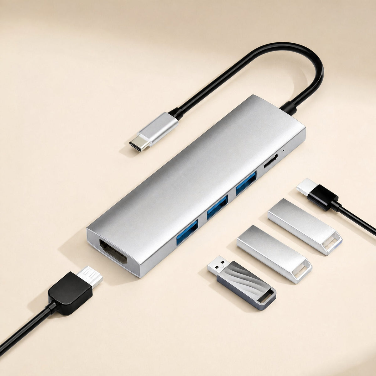 Dockbridge Type-C Docking Station With HDMI in silver with cable, beside USB drives and an HDMI cable