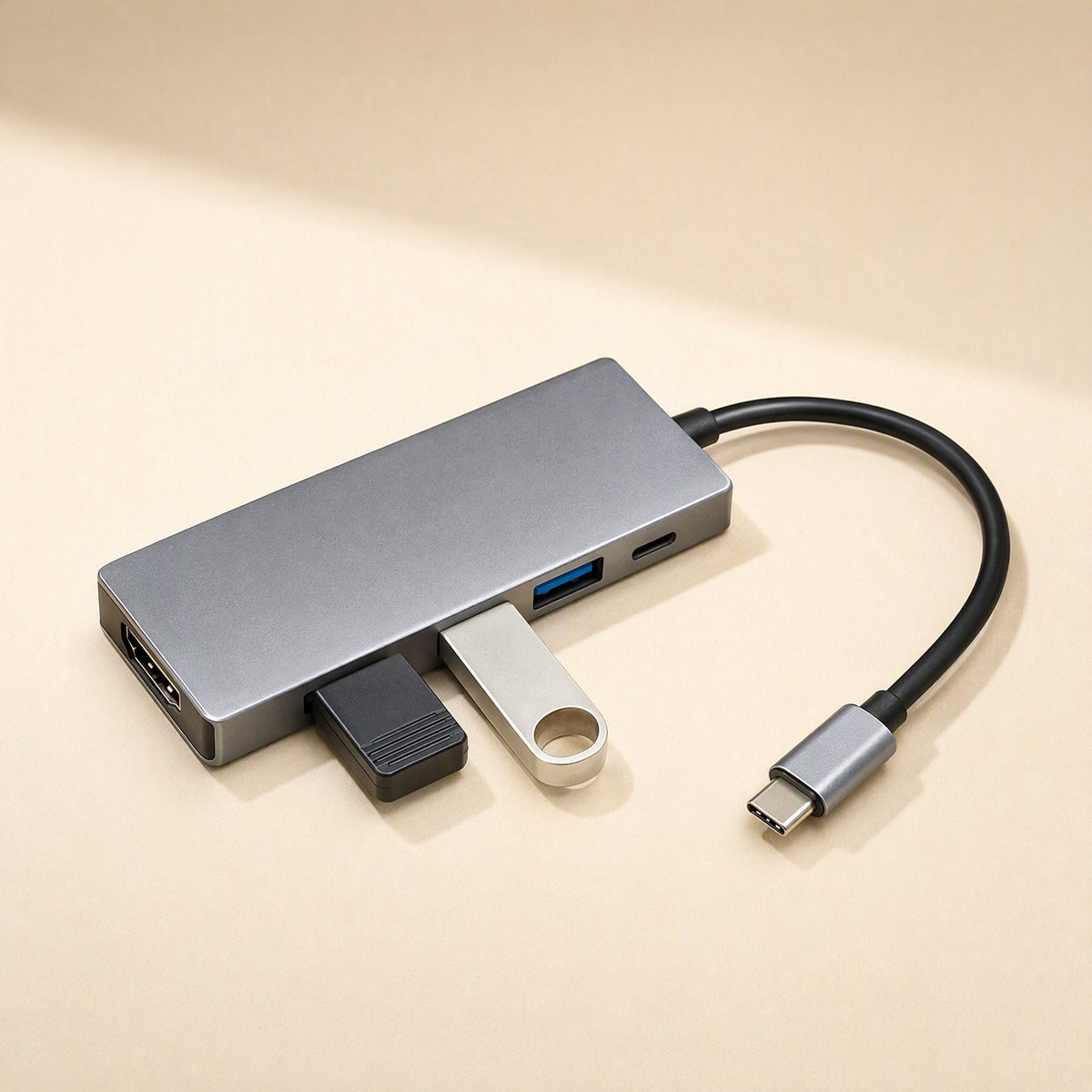 Dockbridge – Slim gray hub with HDMI and USB-A ports, a flash drive and a black plug connected, USB-C cable at right