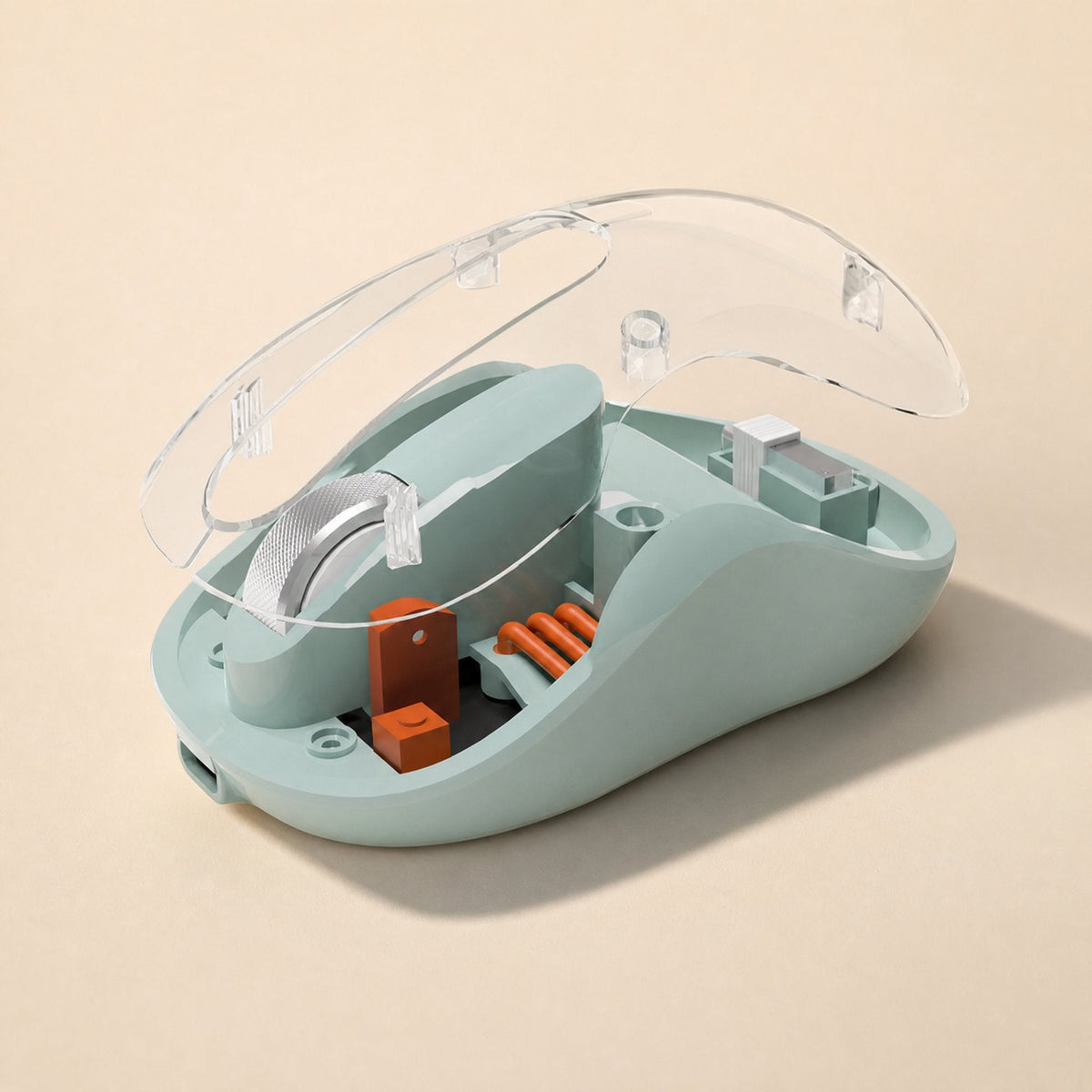 Bluecursor Wireless Bluetooth Mouse – teal mouse with clear top shell lifted off, exposing orange switches and scroll wheel