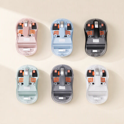 Bluecursor – Six translucent wireless mice in pink, blue, black, mint, gray and white in two rows on beige