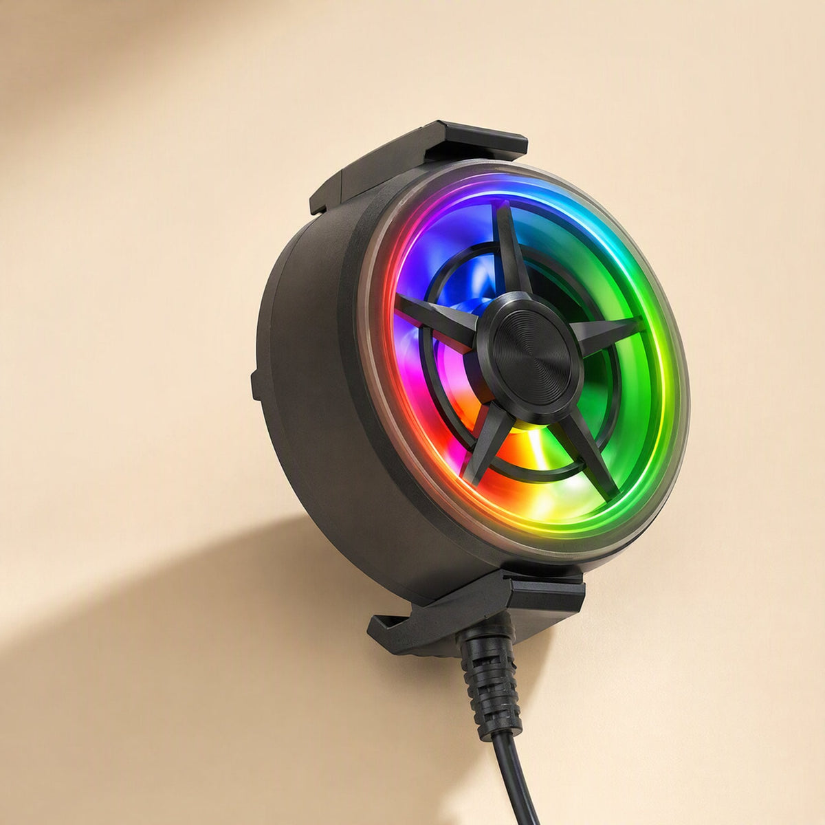 Breezecool USB Air Cooling Radiator in black with a rainbow-lit fan, shown from an angle against a beige wall
