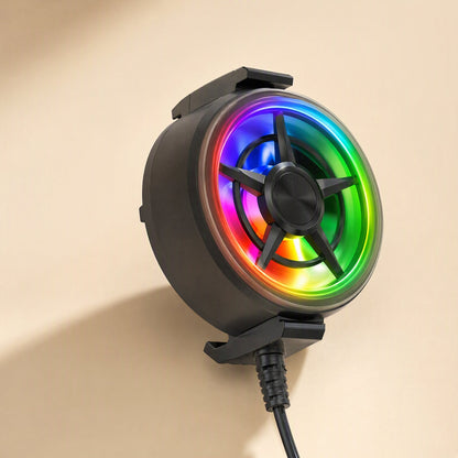 Breezecool USB Air Cooling Radiator in black with a rainbow-lit fan, shown from an angle against a beige wall