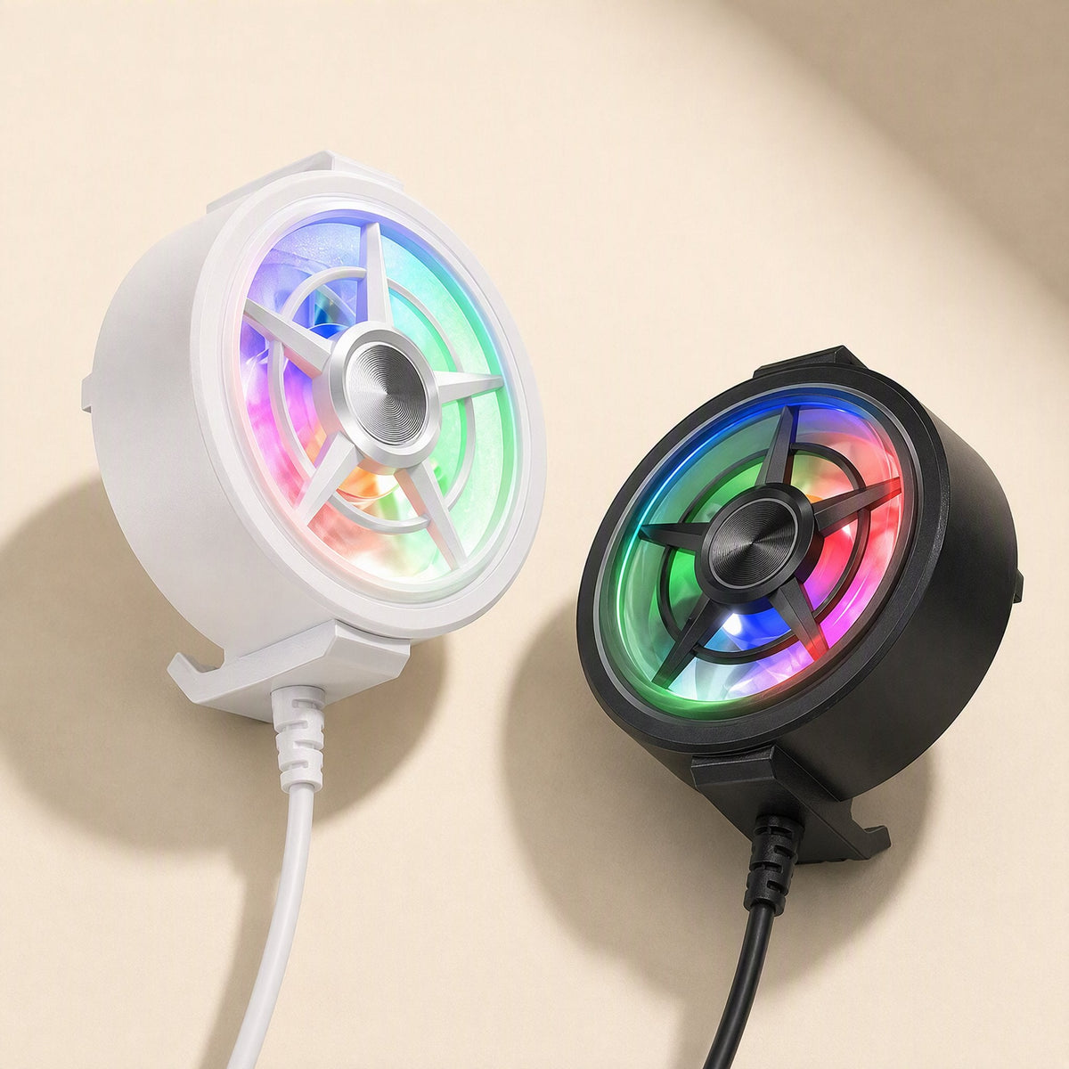 Breezecool – White and black versions of the radiator side by side, each with a colorful glowing fan and attached cable