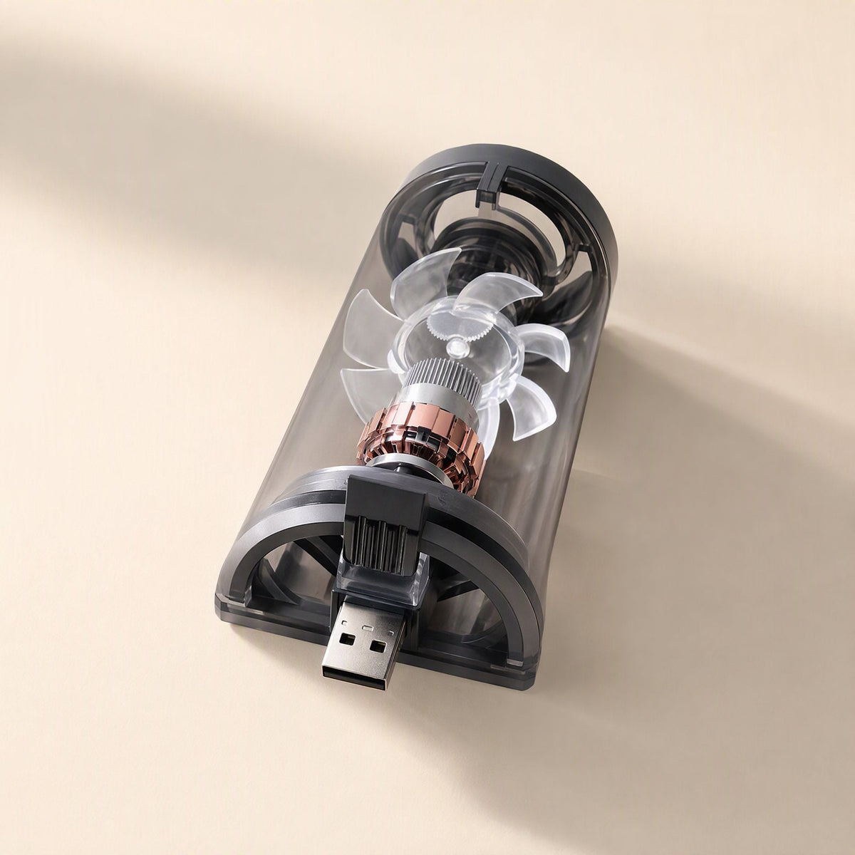 Breezecool – Transparent cutaway view of the cooler showing the clear fan blades, copper motor and USB connector