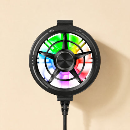 Breezecool – Front view of the black radiator with a multicolored LED ring around the five-blade fan and cable below
