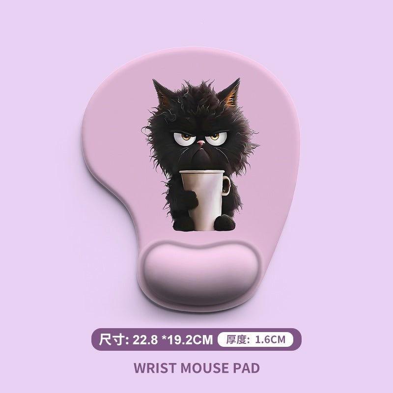 Pawrest – Pink wrist rest mouse pad with a grumpy fluffy black cat holding a coffee mug, size 22.8 x 19.2 cm