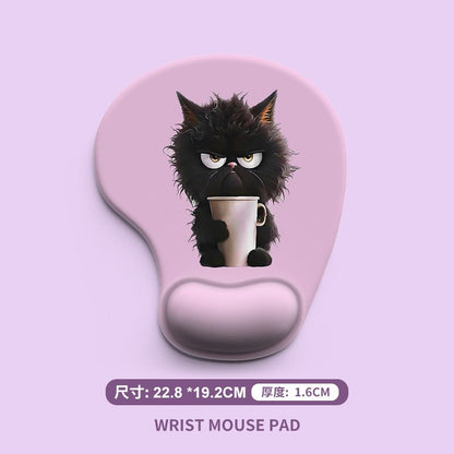 Pawrest – Pink wrist rest mouse pad with a grumpy fluffy black cat holding a coffee mug, size 22.8 x 19.2 cm