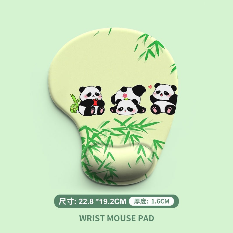 Pawrest – Yellow-green wrist rest mouse pad printed with three cartoon pandas and bamboo leaves, 1.6 cm thick
