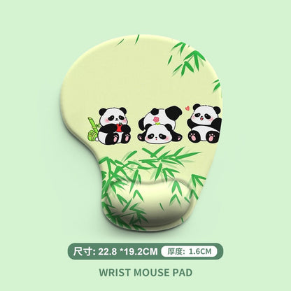 Pawrest – Yellow-green wrist rest mouse pad printed with three cartoon pandas and bamboo leaves, 1.6 cm thick