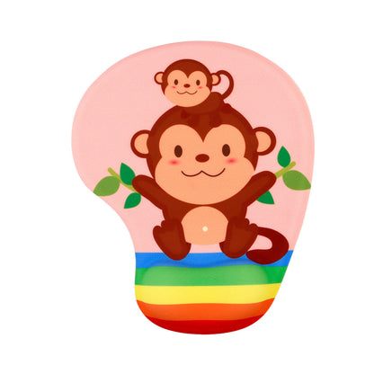 Pawrest – Pink wrist rest mouse pad with a cartoon monkey and baby monkey above a rainbow-striped wrist cushion