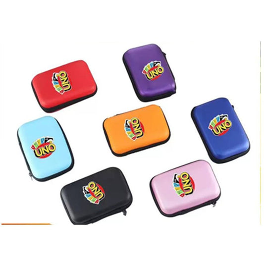 Stashnest – Seven zippered UNO-print cases in red, purple, orange, blue, light blue, black and pink, shown from above