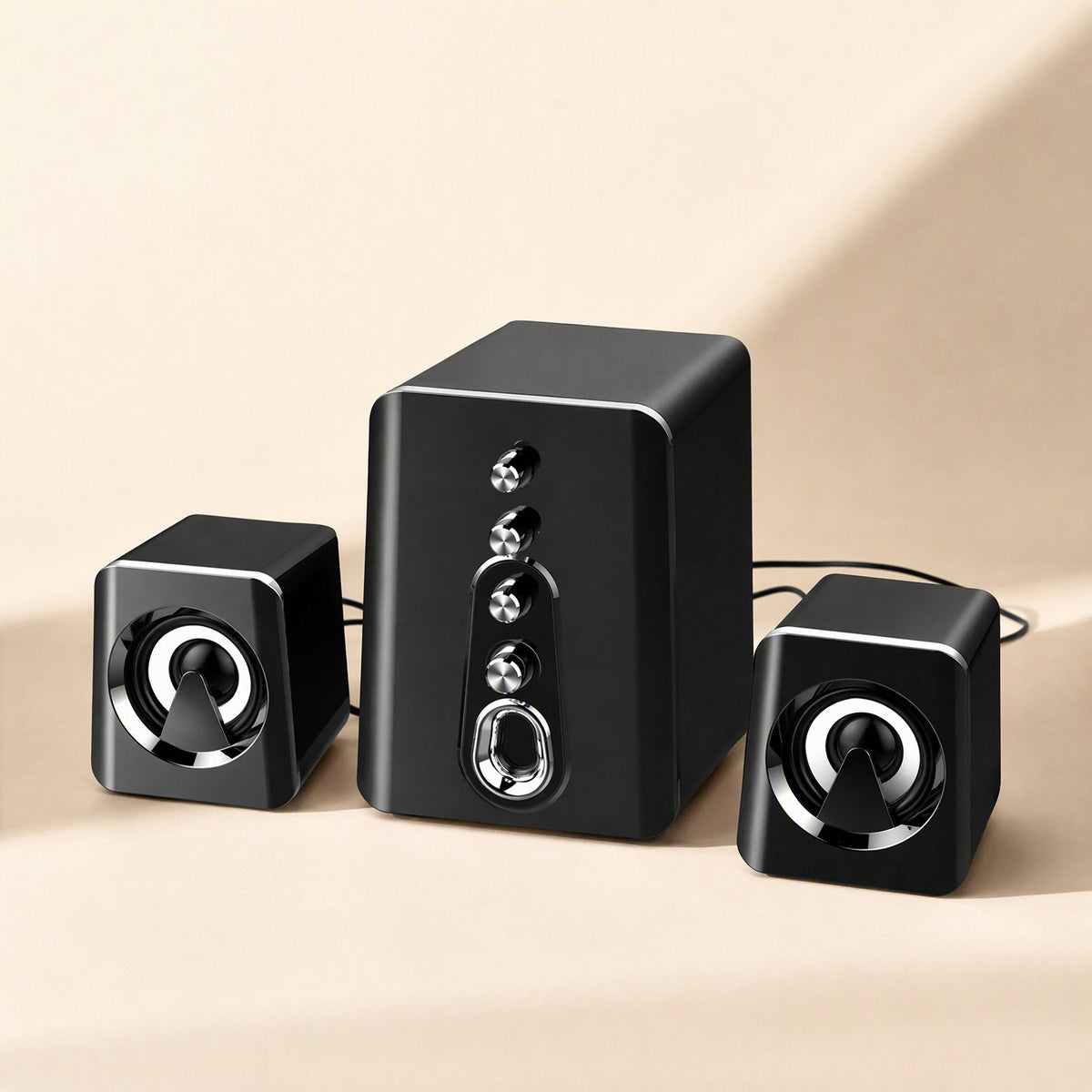 Deskchime – Black wired speaker set with subwoofer, four control knobs and two satellites connected by thin cables