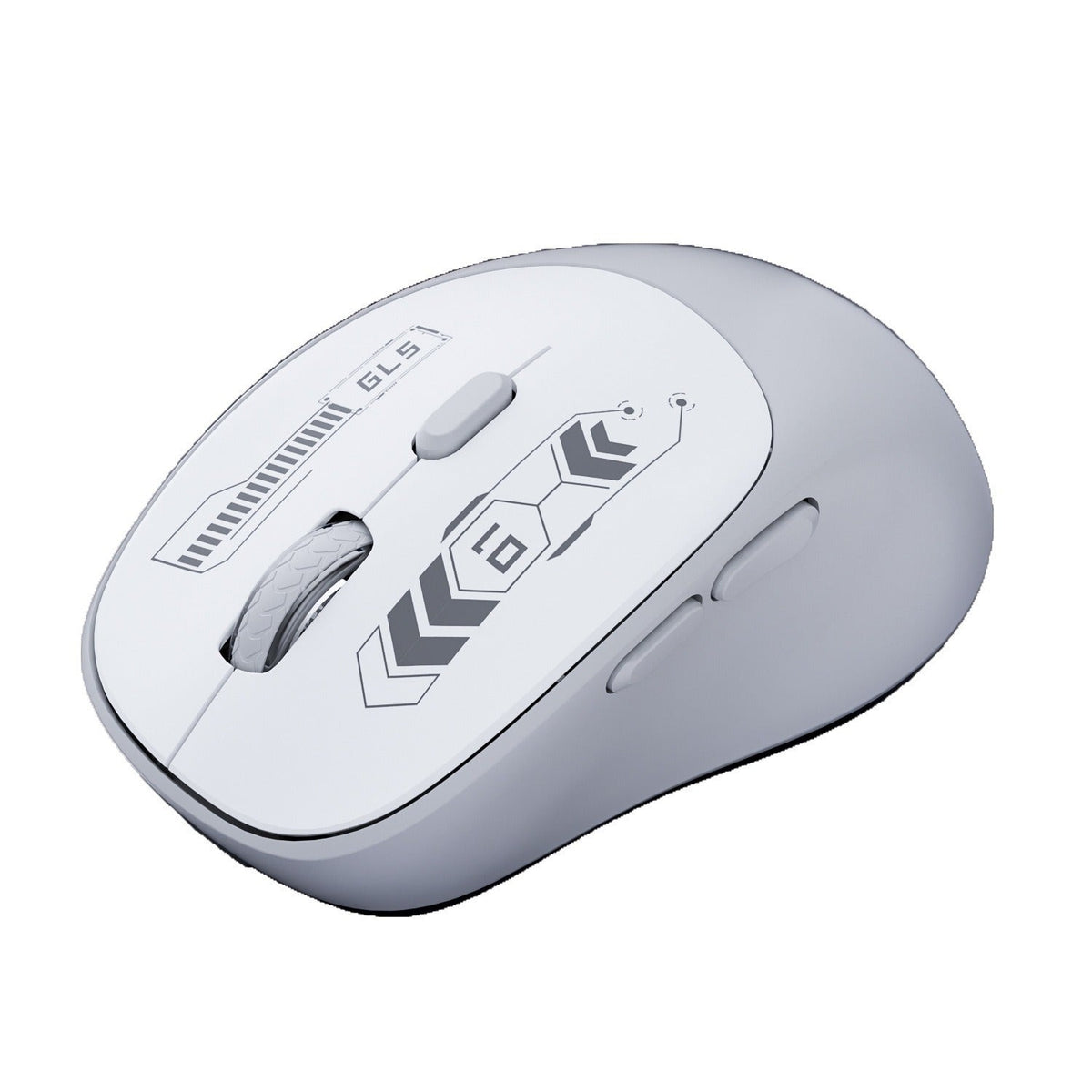 Powerglide – White and light grey wireless mouse with scroll wheel and side buttons on a plain white background