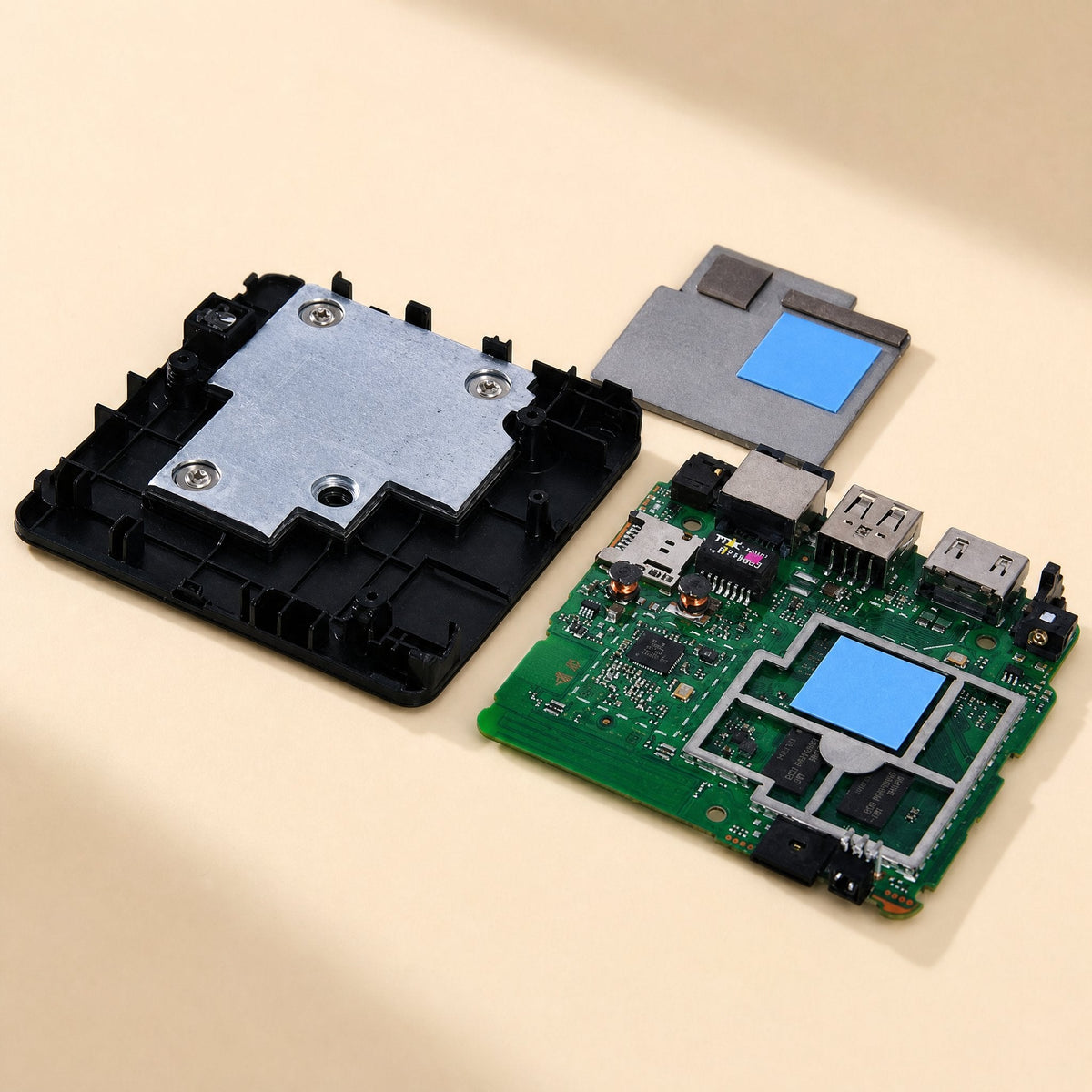 Thermaseal – Blue thermal pads placed on a green circuit board and metal shield beside a black case with a metal plate