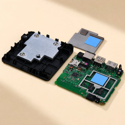 Thermaseal – Blue thermal pads placed on a green circuit board and metal shield beside a black case with a metal plate