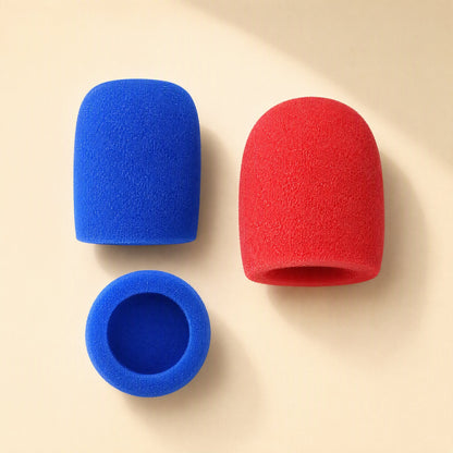 Spongehush – Blue and red foam mic covers shown side by side, with a blue cover seen from above showing its opening