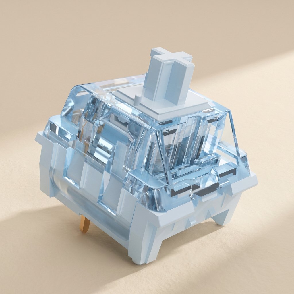 Clicktone Mechanical Keyboard Switch in light blue, angled view with a translucent housing and gold pin