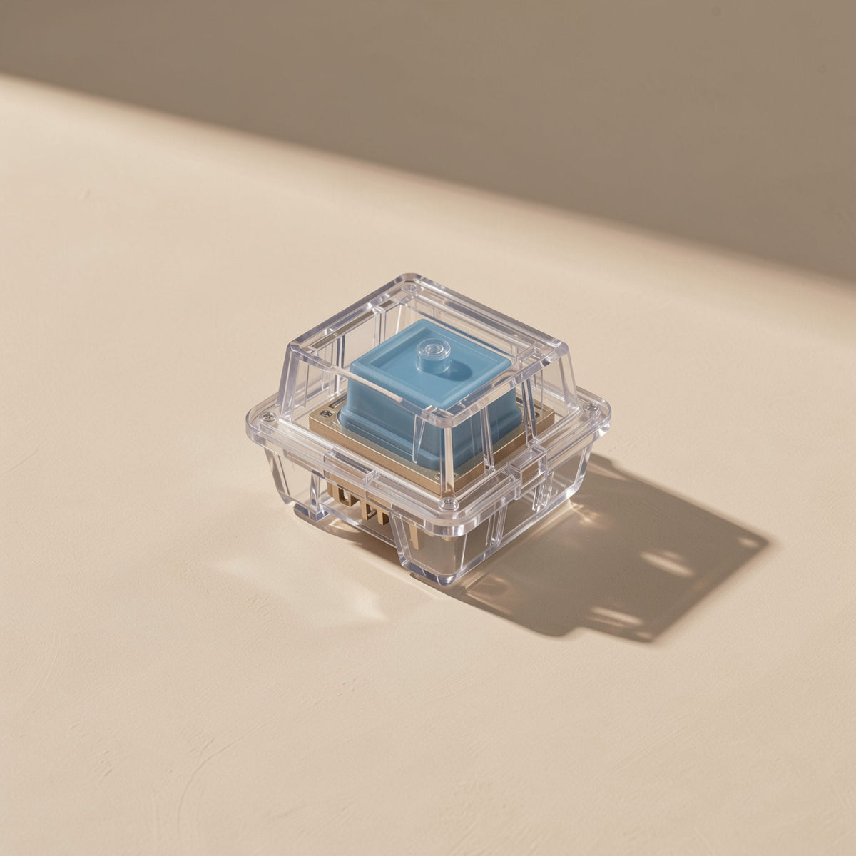 Clicktone – Clear-housing switch with a blue stem seen from above, gold contacts visible at the base