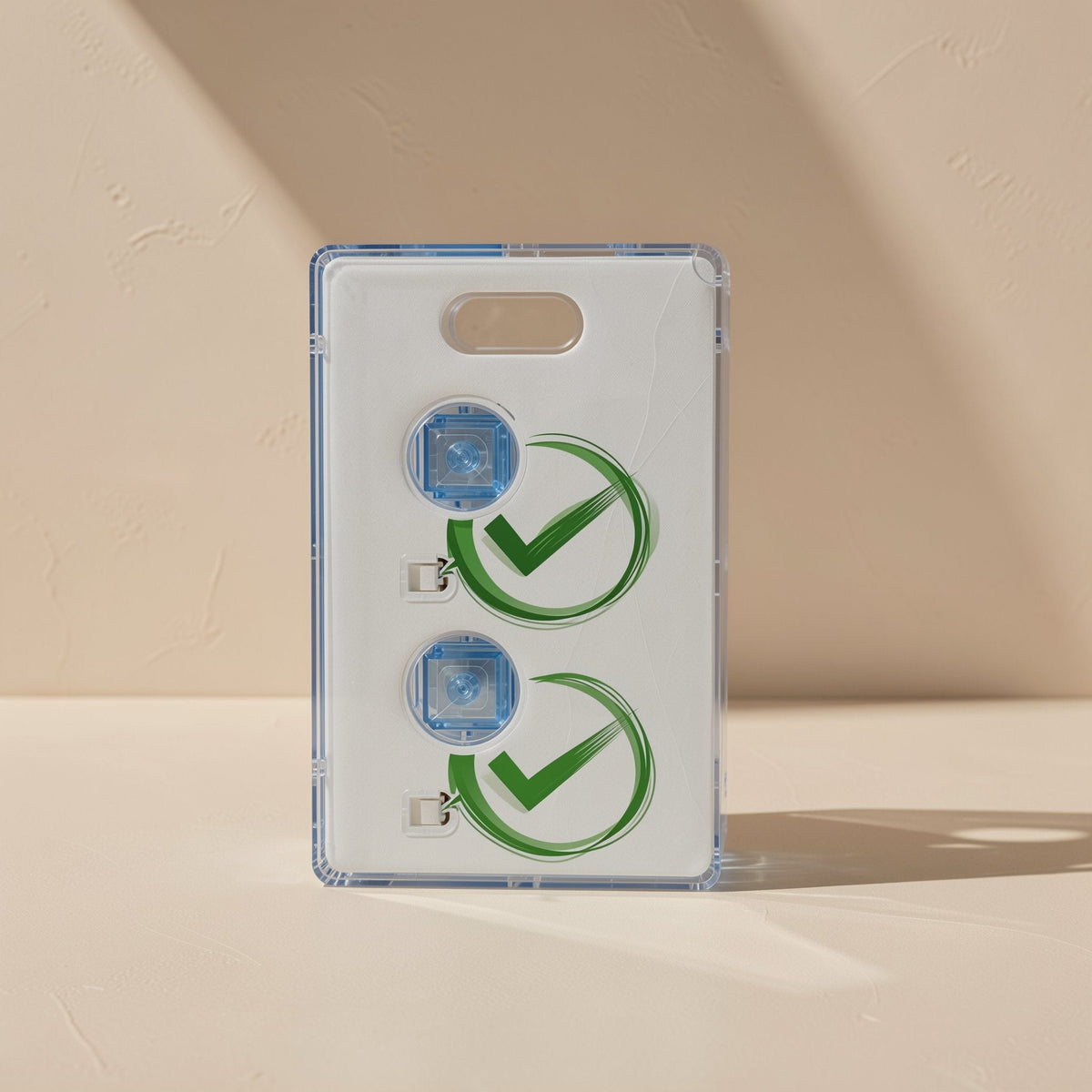 Clicktone Mechanical Keyboard Switches – two switches mounted on a white card, each marked with a green checkmark