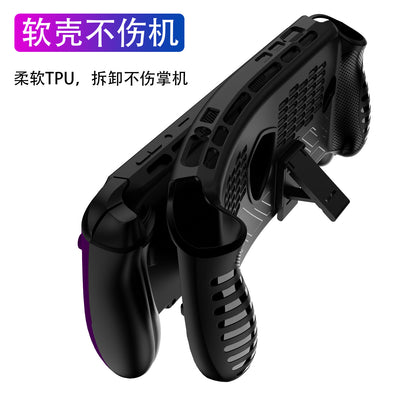 Standshell – Angled view of the black case rear with open kickstand and ribbed hand grips next to a purple handheld