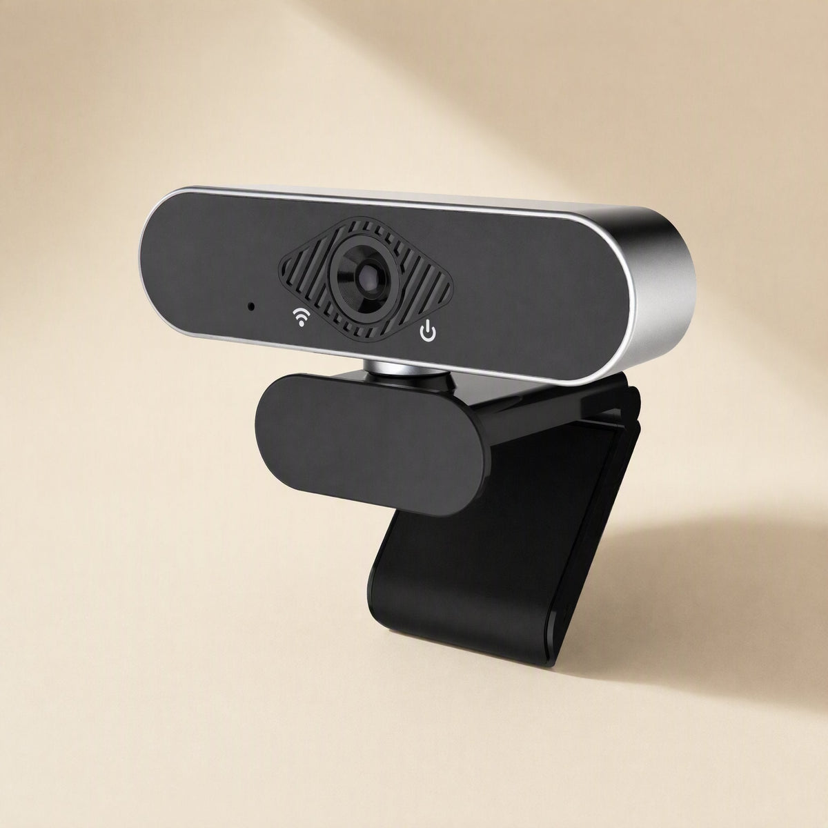Pixelgleam USB camera in black and silver, angled front view with lens, power icon and clip stand